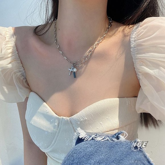 Cross Pearls Rhinestones Silver Chain Necklace - Picture 3 of 4